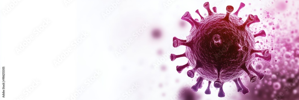 Poster Pink-tinted visualization of a monkeypox virus particle in a medical context. Depiction of viral structure with healthcare emphasis.