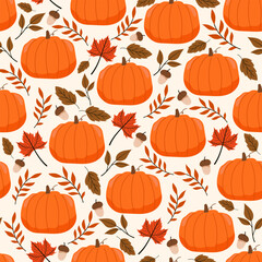 pumpkin and autumn foliage seamless pattern background illustration