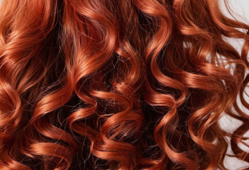 Close-up showcases radiant bright red hair with defined curls, capturing glossy texture and natural shine under soft lighting. Intricate details of each curl enhance the overall beauty. Generative AI
