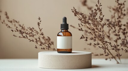 White Dropper Bottle on a Beige Podium Stand Mockup with Minimal Background, Ideal for Product Presentation in Online Stores