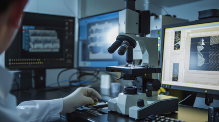 A scientist is using microscope in modern laboratory, analyzing samples with advanced technology on computer screens. environment is focused and high tech, showcasing scientific research