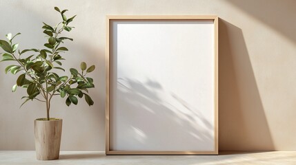 An oversized blank frame propped against a beige wall, leaning slightly with a slim wooden border, evoking minimalist style.