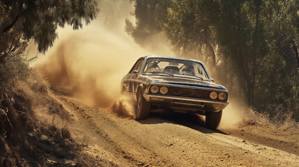 Old rally car on the road, splashing the dirt in racing scene in the forest