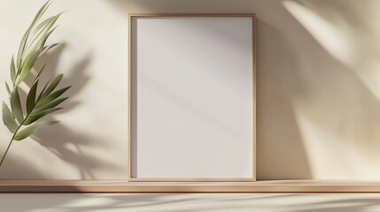 Large blank frame centered on a soft beige wall with a slim wooden edge, minimalistic and calm, casting soft shadows.