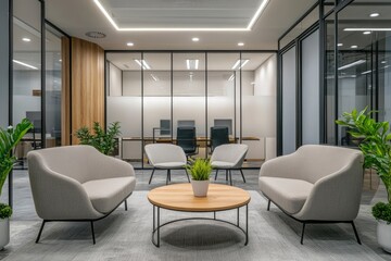 Fototapeta premium Modern and comfortable company office interior with formal meeting room and relaxation area with generative ai