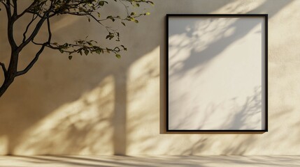 Large blank frame with a thin black edge on a beige wall, its positioning and shadows creating a modern, serene aesthetic.