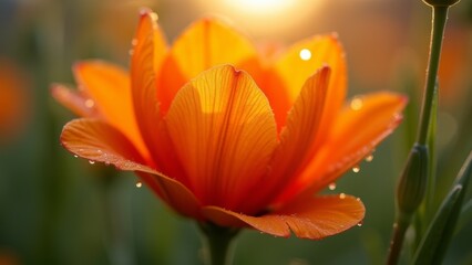 Fototapeta premium Generative AI, a close up of a single orange flower with the sun in the background and a blurry background of grass, orange, a macro photograph, naturalism 