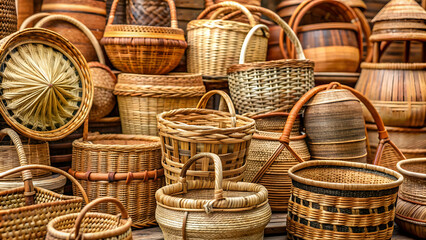 Artistic array of traditional woven baskets in natural tones, weave, craft, handcrafted, texture, ethnic, cultural