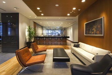 Fototapeta premium Modern and comfortable company office interior with formal meeting room and relaxation area with generative ai