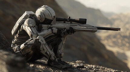 Fototapeta premium Futuristic Soldier with Sniper Rifle in Desert Landscape