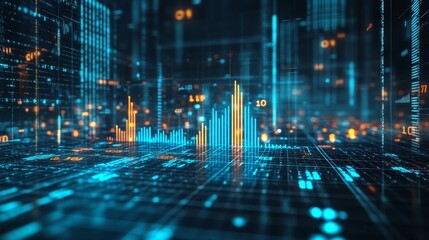 A high-tech 3D bar chart floating in a digital grid with glowing numbers and data streams, perfect for illustrating modern financial analysis.