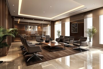 Fototapeta premium Modern and comfortable company office interior with formal meeting room and relaxation area with generative ai