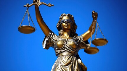 Statue of Lady Justice holding scales with a blue sky background.