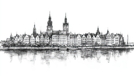 Fototapeta premium Gdask, Poland, black and white pen pencil hand-drawn effect drawing illustration for travel poster, card, wallpaper, backdrop or banner. Modern, clear, artistic and simple