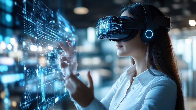 Woman using virtual reality headset interacting with digital data. Concept of VR, futuristic technology, and augmented reality.