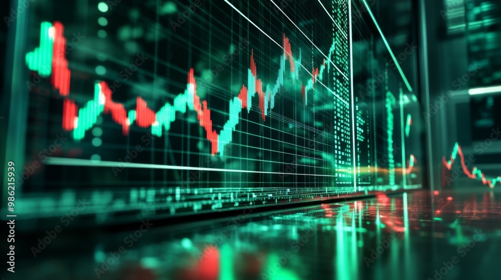 Poster a high-tech financial graph in green and red, displayed on a large digital board, representing stock