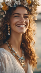 A joyful young woman with curly hair, wearing a floral crown and elegant jewelry. She has a bright smile and is dressed in a light, flowing outfit, standing outdoors with a soft, blurred background.