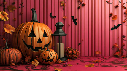 Obraz premium A spooky Halloween background featuring carved pumpkins and jack-o-lanterns in dark, autumn colors