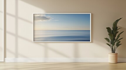 Single horizontal frame hung at eye level on a beige wall, with a clean, minimal design, emphasizing a sleek and neutral aesthetic.