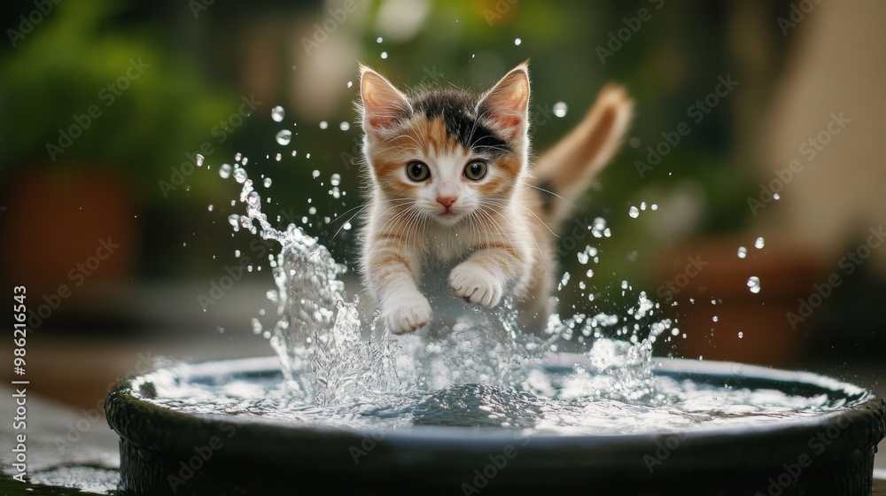 Poster A kitten jumping into a small pool of water, with splashes around it and a look of excitement and curiosity on its face.