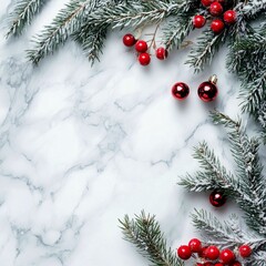 christmas frame with christmas ornaments and fir branches on white marble background