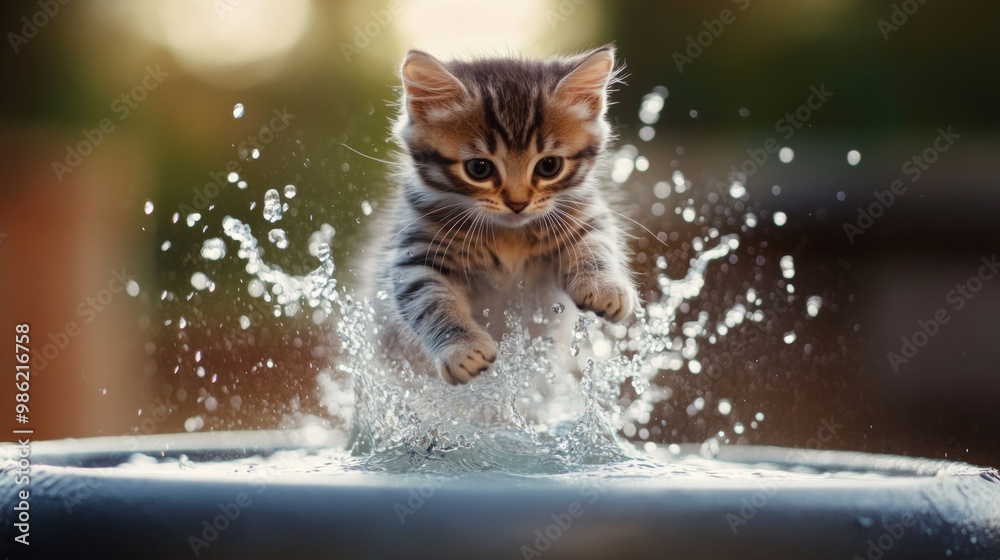 Poster a kitten jumping into a small pool of water, with splashes around it and a look of excitement and cu