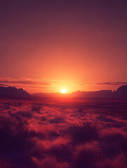 Crimson Horizon: Sunset Over Rolling Desert Plains