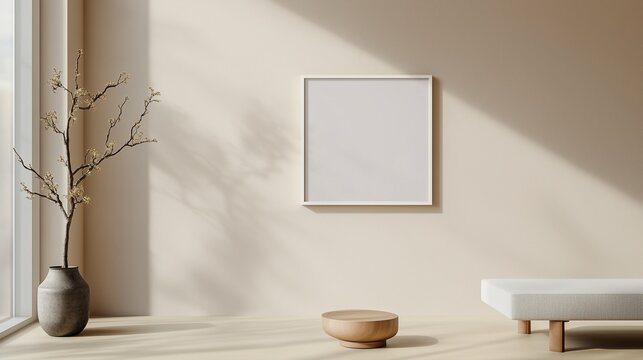 Single small square frame hanging low on a smooth beige wall, creating a focal point in a minimalist, zen-inspired space.