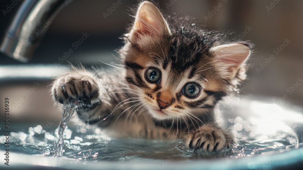 Poster a kitten exploring a water-filled sink, with its paws in the water and a look of wonder as it intera