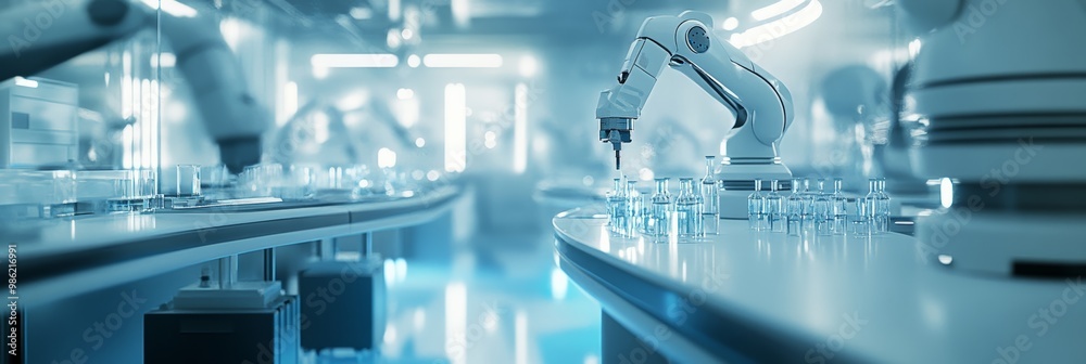 Poster Close-up of an automated robotic arm handling vials in a medical laboratory for virus research. Advanced technology for healthcare and disease prevention.