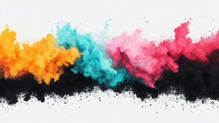 Obraz premium A vibrant explosion of colors in powdered form creates a stunning visual effect, showcasing orange, blue, pink, and black hues against a white background.