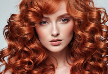 Fototapeta premium Vibrant red curls glisten beautifully in natural light, revealing intricate patterns and a healthy shine. Close-up captures the texture and depth of each curl. Beautiful young girl. Generative AI