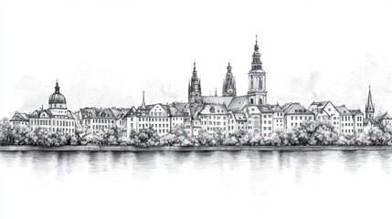 Fototapeta premium Gera, Germany, black and white pen pencil hand-drawn effect drawing illustration for travel poster, card, wallpaper, backdrop or banner. Modern, clear, artistic and simple