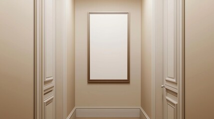 Single vertical frame hung in a narrow corridor with soft beige walls, adding elegance to the minimalist passageway.