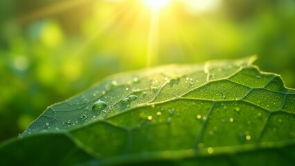 Obraz premium Generative AI, a close up of a green leaf with water drops on it's leaves and a bright background with a sun, green, a macro photograph, environmental art 