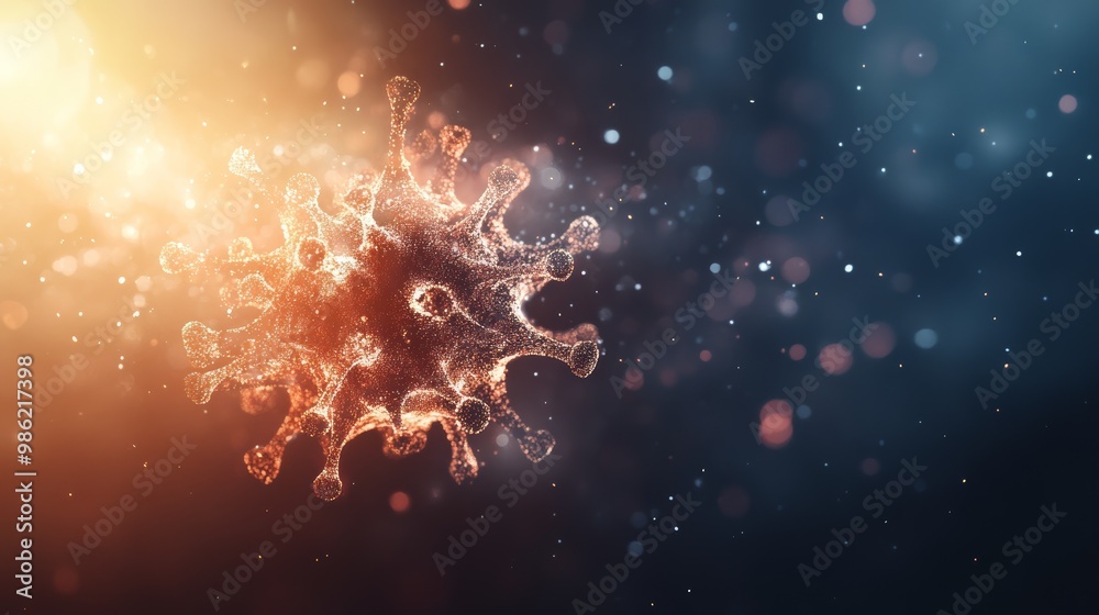 Poster monkeypox virus particle glowing under light, representing viral outbreak and spread.