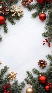 christmas frame with christmas ornaments and fir branches on white background top view vertical shot