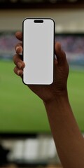 Black African-American male using smartphone with a blank white screen. Livingroom, living, room apps mockup. Vertical phone orientation