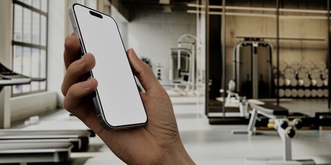Caucasian White male using smartphone with a blank white screen. Gym, interior, fitness equipment apps mockup. Vertical phone orientation