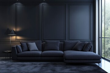 Fototapeta premium Modern contemporary dark living room interior with comfort sofa with generative ai