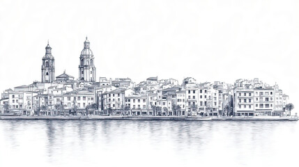 Obraz premium Gijn, Spain, black and white pen pencil hand-drawn effect drawing illustration for travel poster, card, wallpaper, backdrop or banner. Modern, clear, artistic and simple