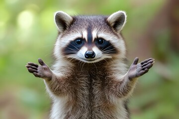 Fototapeta premium Playful Raccoon s Clever Hands in Soft Focus Nature Background