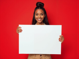 Joyful young black woman holding a blank white sign for text or advertising mock-up, isolated on solid red background