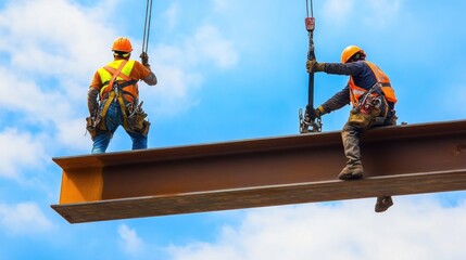 Two construction workers stand on a steel beam high above the ground.