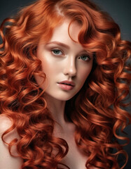 Fototapeta premium Vibrant red curls glisten beautifully in natural light, revealing intricate patterns and a healthy shine. Close-up captures the texture and depth of each curl. Beautiful young girl. Generative AI