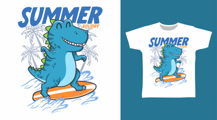 Cute Dinosaur Surfing Vector Illustration T-shirt Designs.