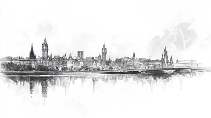 Fototapeta premium Glasgow, United Kingdom, black and white pen pencil hand-drawn effect drawing illustration for travel poster, card, wallpaper, backdrop or banner. Modern, clear, artistic and simple