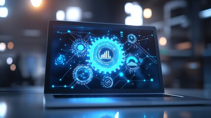 A white laptop screen shows gears, representing technology, business solutions, and settings.  The abstract design uses blue neon lights and geometric shapes like triangles, lines, and dots.