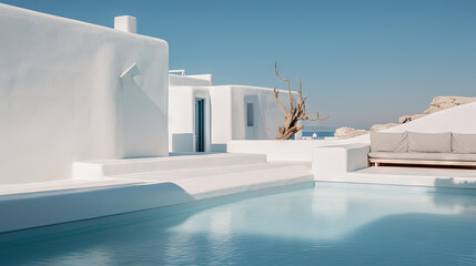Obraz premium Hotel pool in the sunny day with blue water and white buildings. Resort architecture with swimming pool