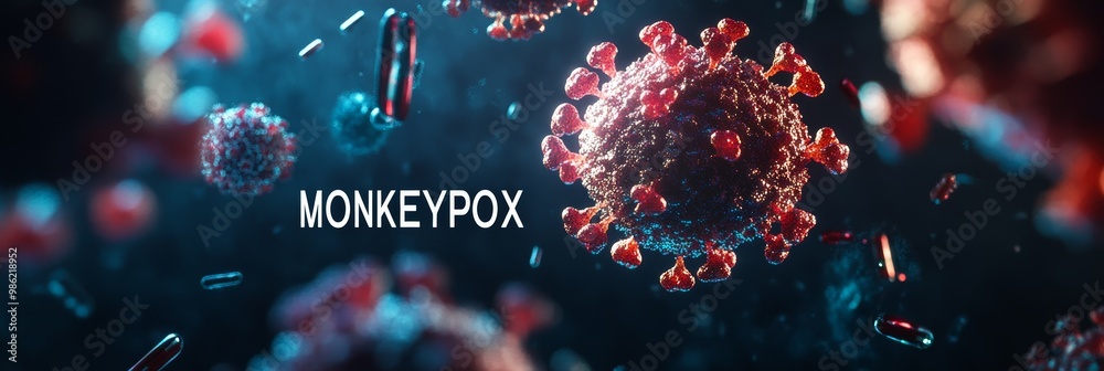 Poster close-up of monkeypox virus wearing a mask with 'protect yourself' text, emphasizing health safety a
